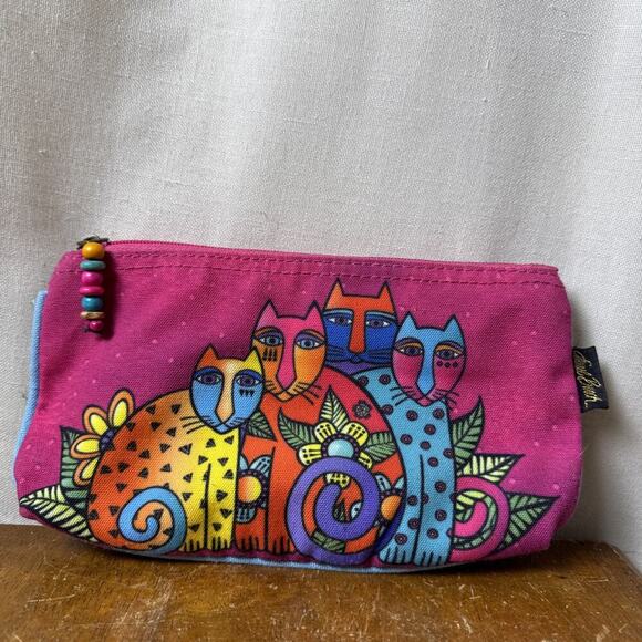 Laurel Burch 9x5 Cosmetic Bag Feline Clan Cat LB5338B Pink Blue Y2K 90s Eclectic - Picture 1 of 8